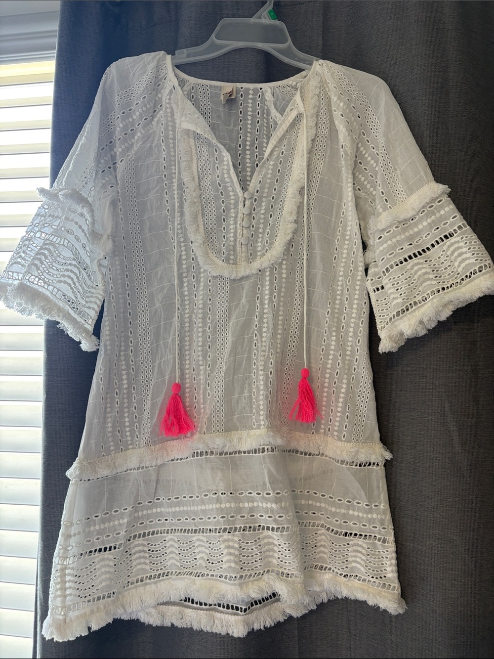 RAGA White Eyelet Boho Blouse with Tassel Tie